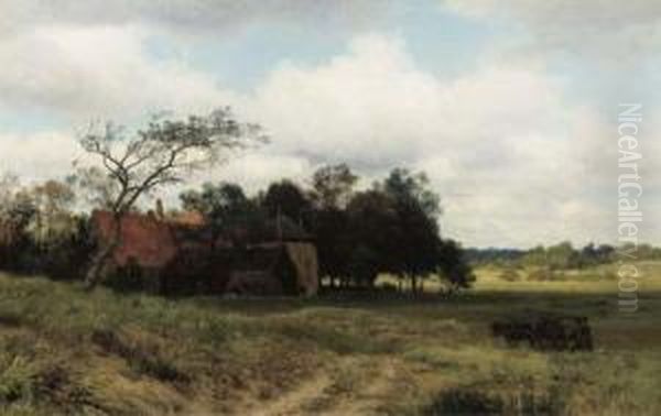 Heading Home: A Farm Amongst Fields Oil Painting by Julius Jacobus Van De Sande Bakhuyzen