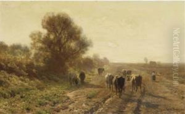 Guiding The Cattle Along A Path On A Sunny Afternoon Oil Painting by Julius Jacobus Van De Sande Bakhuyzen