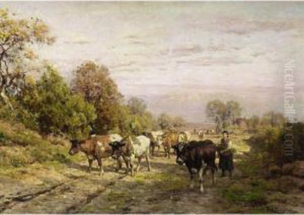 A Herdsmen With Cattle On A Countryroad, Drenthe Oil Painting by Julius Jacobus Van De Sande Bakhuyzen