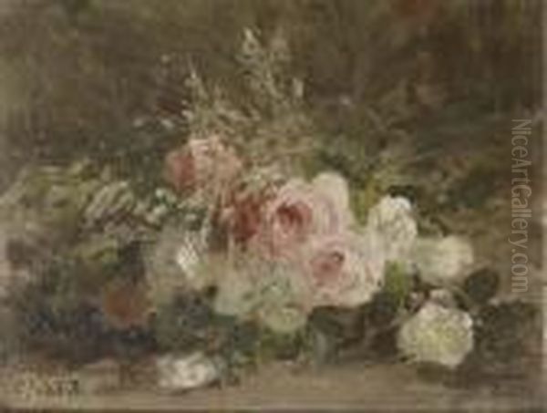 Rozes On A Forest Floor - A Study Oil Painting by Julius Jacobus Van De Sande Bakhuyzen