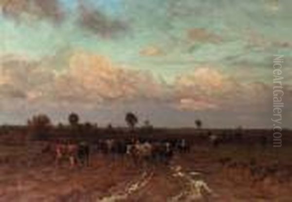 A Herdsman Driving Cattle Through A Heath Landscape Oil Painting by Julius Jacobus Van De Sande Bakhuyzen