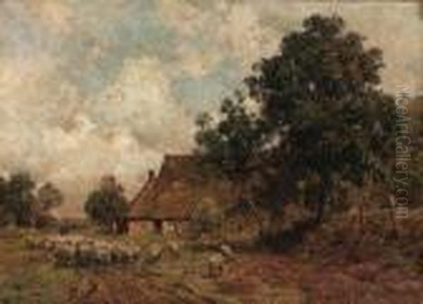 A Summer Landscape With A Shepherd And Flock Passing Acottage Oil Painting by Julius Jacobus Van De Sande Bakhuyzen