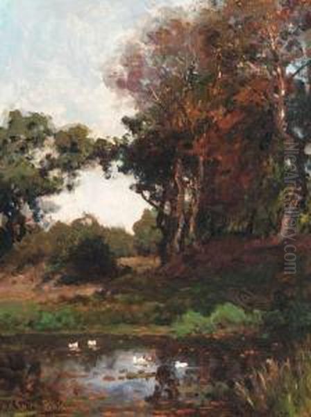 A Woodland With Ducks In A Pond Oil Painting by Julius Jacobus Van De Sande Bakhuyzen