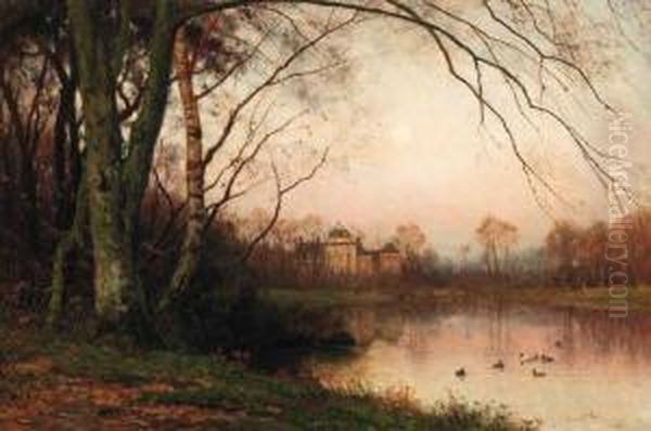 Het Haagse Bos With Huis Ten Bosch In The Distance Oil Painting by Julius Jacobus Van De Sande Bakhuyzen