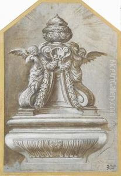 Design For A Monument With Two Putti Around An Urn Oil Painting by Lazzaro Baldi