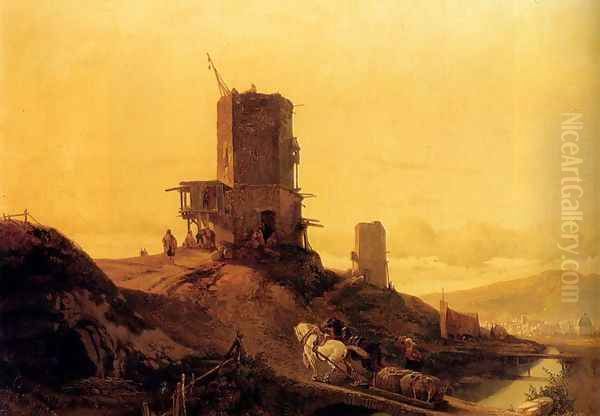 A Hill With An Arab Windmill Under Construction, A Town In The Distance Oil Painting by Francois Antoine Bossuet