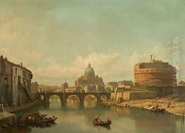 Vue du pont et chateau Saint Ange a Rome, sur le second plan la Basilique Saint Pierre Oil Painting by Francois Antoine Bossuet