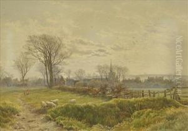 The Edge Ofthe Village, A Scene In Early Autumn With Figure And Sheep By Apath Oil Painting by James Walsham Baldock