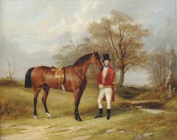 A Gentleman Standing Beside His Hunter, In A Wooded Landscape Oil Painting by James Walsham Baldock