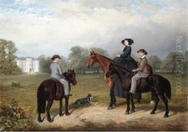 Mrs Samuel Garnett Mounted On A 
Bay Hunter With Her Two Sons, John And Samuel Mounted On Ponies, Outside
 Arch Hall, County Meath Oil Painting by James Walsham Baldock