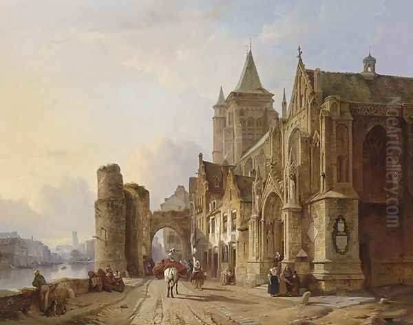 Figures in the streets of a riverside town Oil Painting by Francois Antoine Bossuet