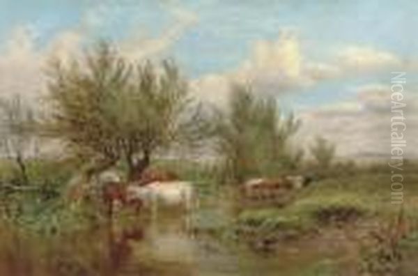 Cattle Watering In A Summer Landscape Oil Painting by James Walsham Baldock