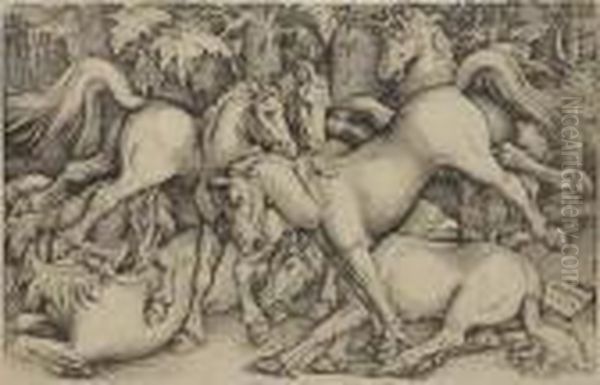 Group Of Seven Wild Horses Oil Painting by Hans Baldung Grien