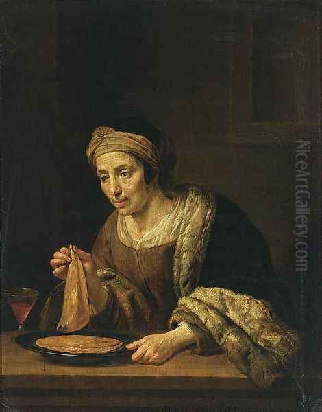 A Woman Holding Pancakes Oil Painting by Jan Hermansz. van Biljert