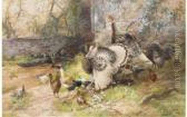 Turkeys And Chickens In Courtyard Oil Painting by Charles Henry C. Baldwyn