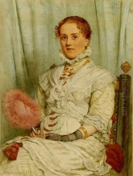 A Half Length Portrait Of A Lady Sitting In A Chair Holding A Pink Fan Oil Painting by Edwin Bale