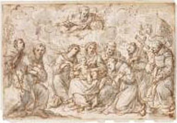 The Virgin And Child In A 
Landscape With The Magdelen, John The Baptist, Various Saints And God 
The Father Above Oil Painting by Antonio Balestra