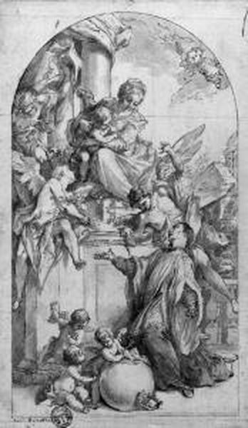 The Madonna And Child With Saint Luigi Gonzaga And Angels Oil Painting by Antonio Balestra