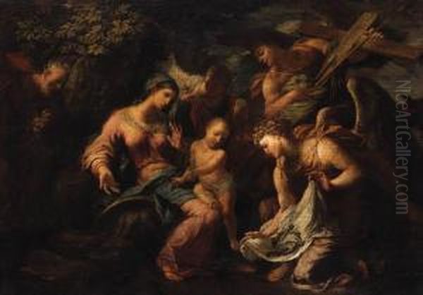 Angels Showing The Instruments Of The Passion To The Infant Christand The Holy Family Oil Painting by Antonio Balestra