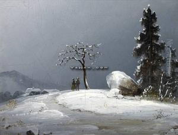 Mennesker I Vinterlandskap Olje Pa Plate Oil Painting by Peder Balke