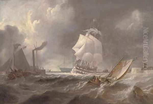 A two-decker emerging from Portsmouth harbour into rough waters Oil Painting by Richard Bridges Beechey