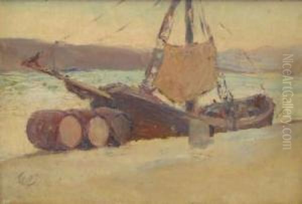 Fishing Boat In Harbour Oil Painting by Wilfred Williams Ball