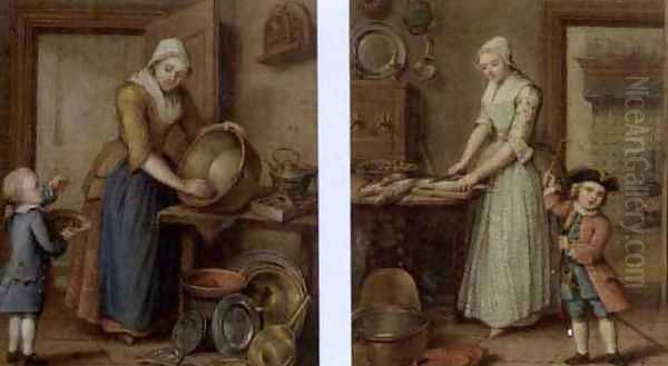 A woman cleaning pots in an interior with a boy eating cherries (and) A woman preparing fish in a kitchen and a child playing, 1769 Oil Painting by Abraham Hendrick van Beesten