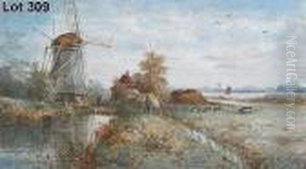 Study Of A Water-meadow Scene 
Near Aldeburgh Withfigures, Cattle, Windmill And Cottages In The 
Foreground And Theriver Alde In The Background With Sailing Vessel Oil Painting by Wilfred Williams Ball