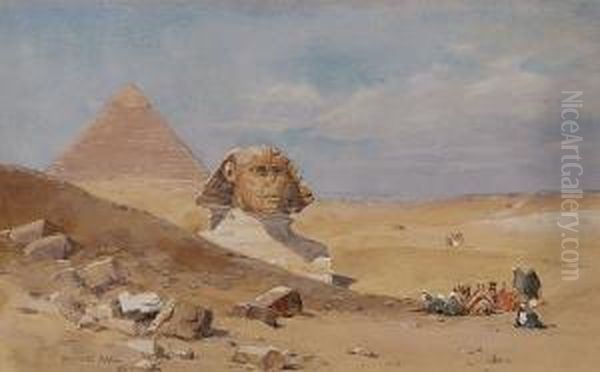 Figures And Camels Resting Beside The Sphinx, '93 Oil Painting by Wilfred Williams Ball