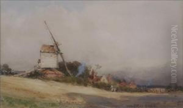 A Norfolk Post Mill Oil Painting by Wilfred Williams Ball