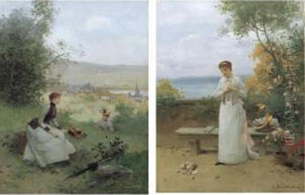 The Love Letter And Young Women Sitting In A Field: A Pair Oil Painting by Jules Frederic Ballavoine