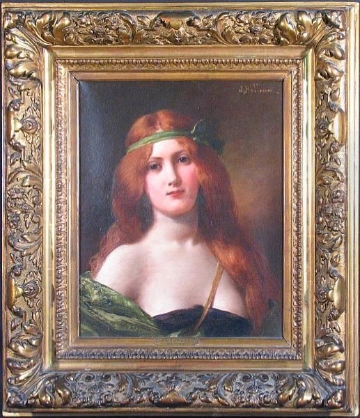 A Portrait Of A Girl With Flowing Red Hair And A Green Dress Oil Painting by Jules Frederic Ballavoine