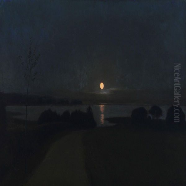 Lake With Fullmoon Oil Painting by Otto Petersen Balle