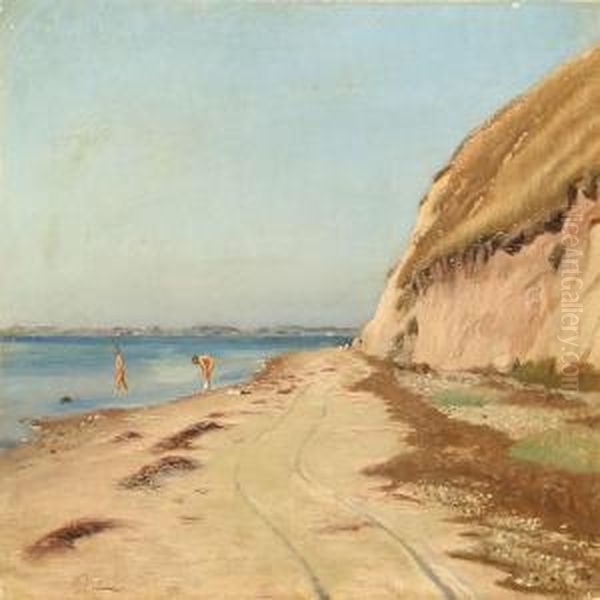 Bathing Children On A Beach Oil Painting by Otto Petersen Balle