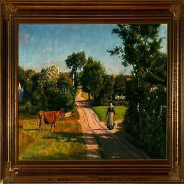 A Peasant Woman Carrying Water At A Village Road. Signed And Dated Otto P. Balle 1906 Oil Painting by Otto Petersen Balle