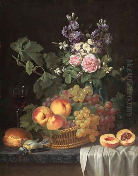 Roses, stocks, jasmine and other flowers in a vase, with peaches and grapes in a basket, a glass of wine, a blue tit Oil Painting by Jean-Joseph-Xavier Bidauld