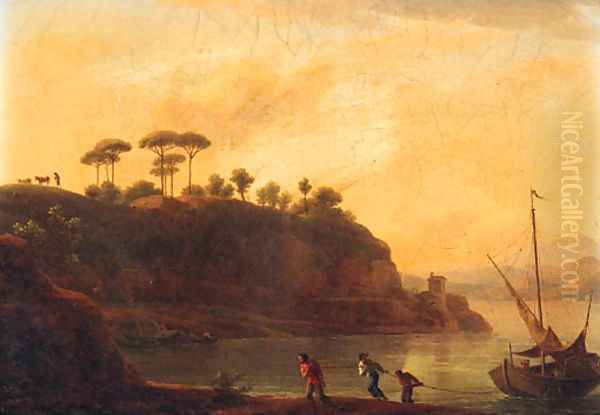 Fishermen towing a boat on the river Tiber at sunset Oil Painting by Jean-Joseph-Xavier Bidauld