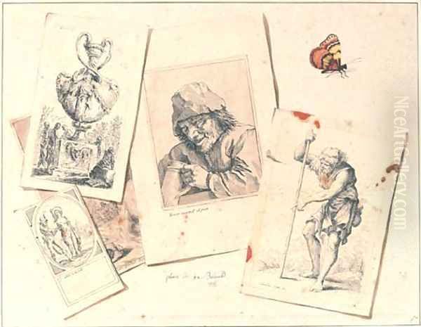 A trompe l'oeil still life of a butterfly and an assortment of prints after Jacques Callot, David Teniers II, Salvator Rosa and Jacques-Louis David Oil Painting by Jean-Joseph-Xavier Bidauld