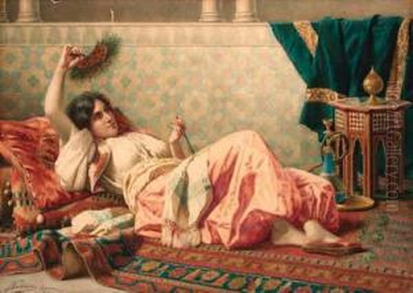 A Reclining Oriental Beauty Oil Painting by Federico Ballesio