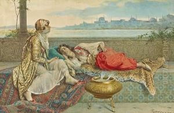 Two Harem Girls On A Terrace Oil Painting by Francesco Ballesio