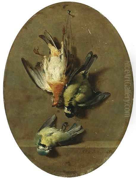 A trompe l'oeil of dead songbirds 2 Oil Painting by Jean-Joseph-Xavier Bidauld