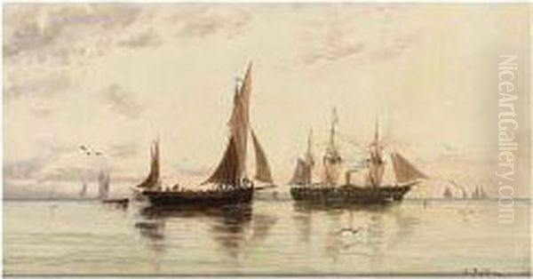 Sailing Vessels In A Calm Oil Painting by Auguste Ballin