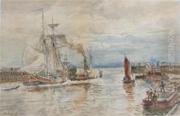 A Sailing Ship Being Taken Out Of Harbour By A Paddle Steamer Oil Painting by Alexander Ballingall