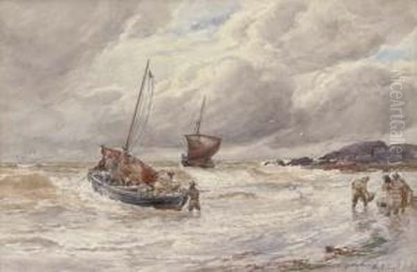 Rough Weather: Fishing Boats Unloading The Catch Oil Painting by Alexander Ballingall