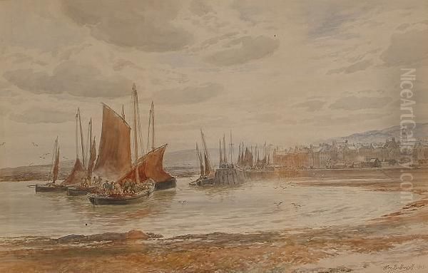 Fishing Boats Close To Habour; Boat Builders By The Shore. Oil Painting by Alexander Ballingall