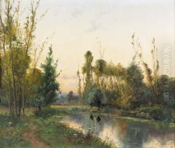 Flusslandschaft Am Abend. Oil Painting by Pierre Ernest Ballue