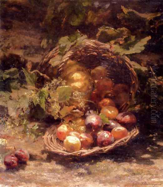 A Wicker Basket Of Plums, Apricots And A Pumpkin In An Autumnal Landscape Oil Painting by Geraldine Jacoba Van De Sande Bakhuyzen