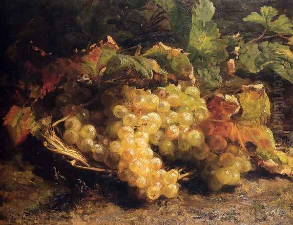 Autumn Treasures: Grapes In A Wicker Basket Oil Painting by Geraldine Jacoba Van De Sande Bakhuyzen