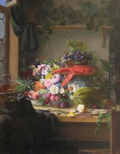 Copenhague. Nature Morte Au Homard, Fruits Etfleurs Oil Painting by Carl Vilhelm Balsgaard