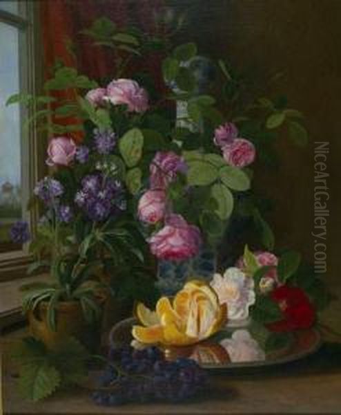 Stillleben Mit Blumen Und Fruchten. Oil Painting by Carl Vilhelm Balsgaard